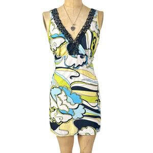 Vtg Y2K Slip Dress‎ L Psychedelic Swirl Lace Trim Mini Boho Fairy Retro